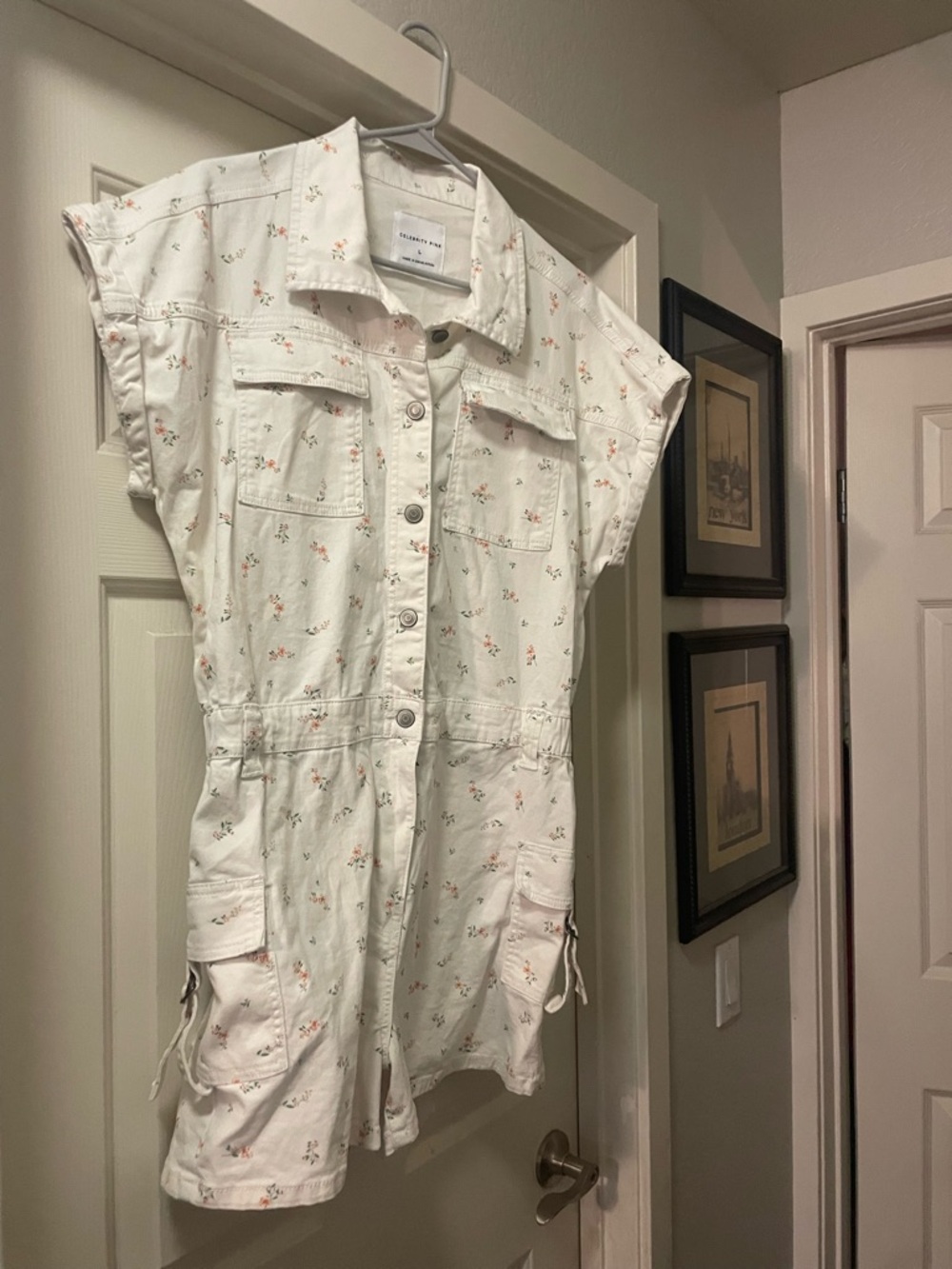 SKU0026 Celebrity Pink Ivory Button-Front Floral Romper with Pink & Green Print